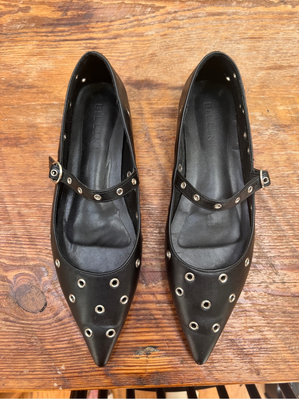 Free People Black Pointed Mary Jane Flats with Silver Eyelet Accents